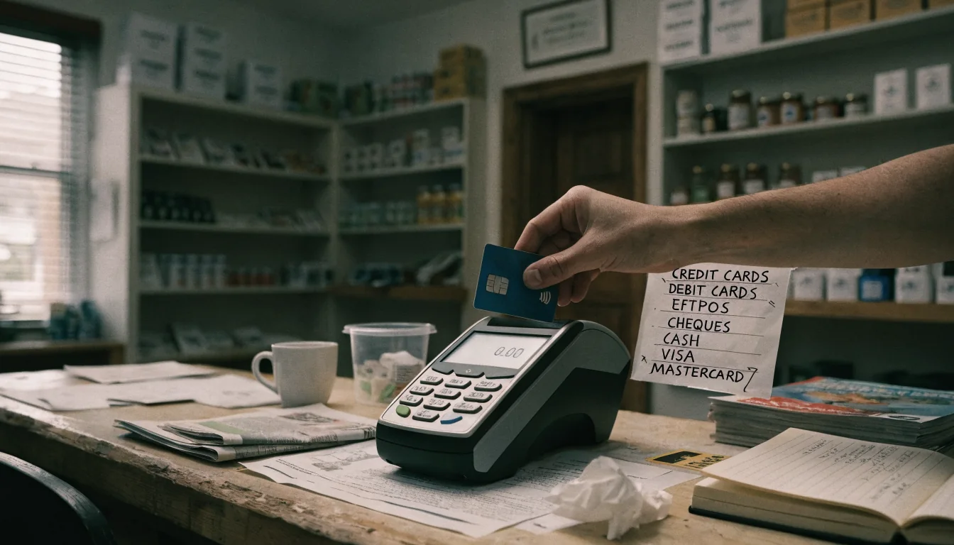 Bank card tapped on a terminal beside a printed restriction notice.