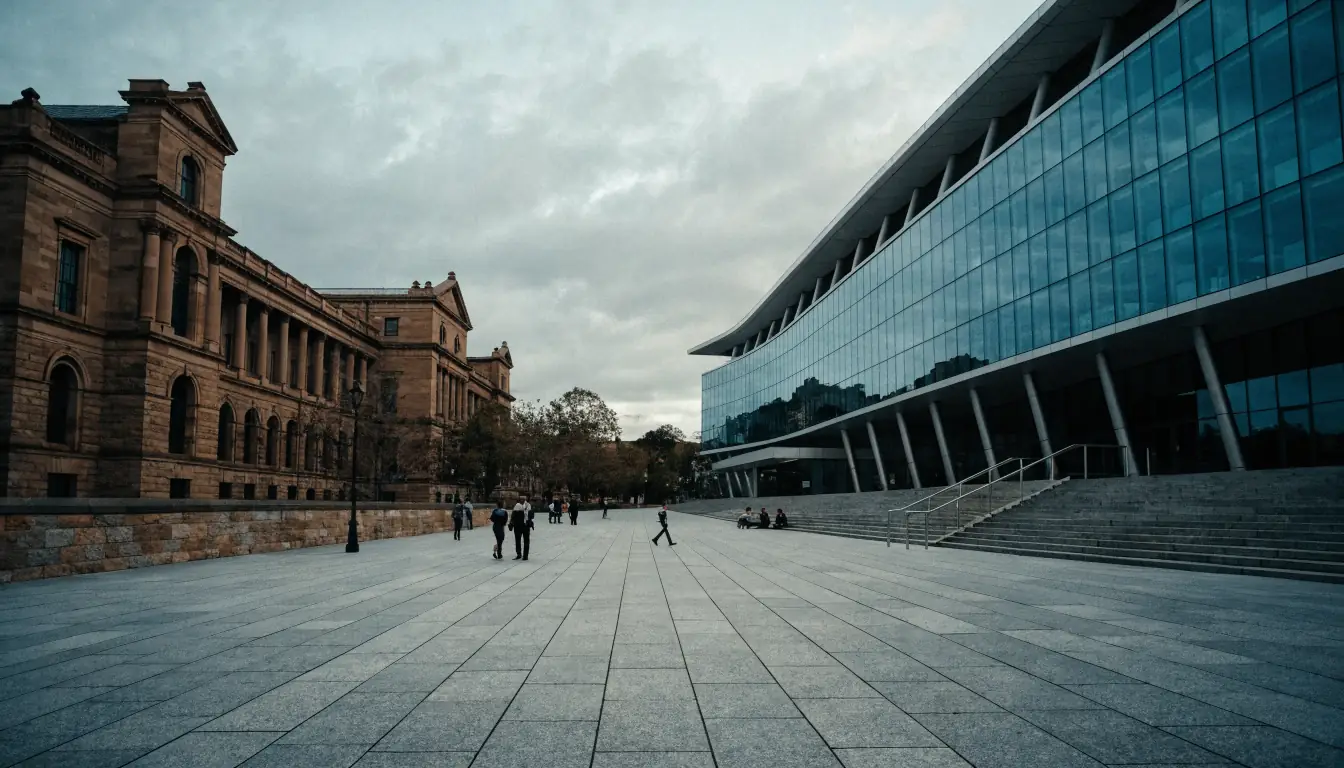 Federal and state government buildings facing each other across a plaza.