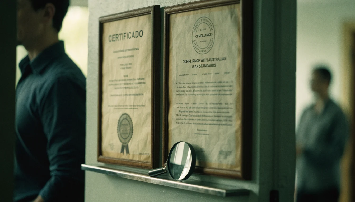 Two framed licences and a magnifying glass on a wall shelf.